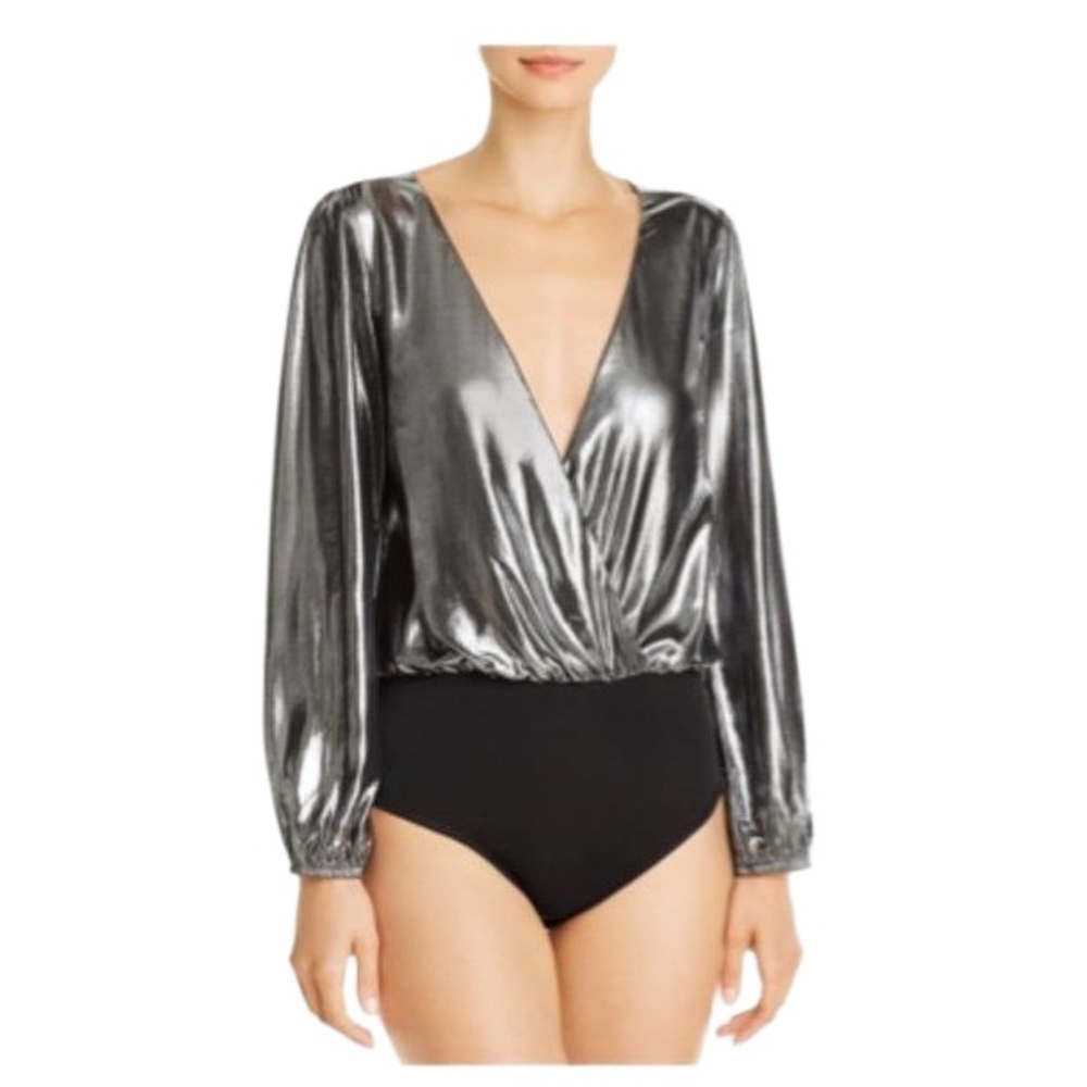 French Connection‎ Womens Silver Black Metallic Waterfall V-Neck Bodysuit US 2